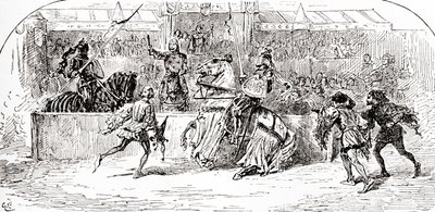 Una escena de la obra de William Shakespeare Rey Ricardo II, Acto 1, Escena 3, Mar: Esperen, esperen, el rey ha arrojado su bastón, de Las Obras de William Shakespeare, publicado 1896 de Gordon Frederick Browne